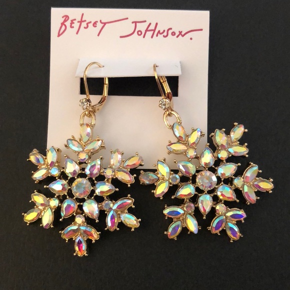 Betsey Johnson Gold Tone Snowflake Drop Earrings Iridescent Crystal Accents NWT - Picture 5 of 13